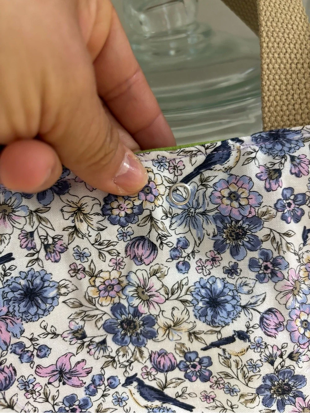 Floral Bird Print Tote Bag in White and Blue - Brand